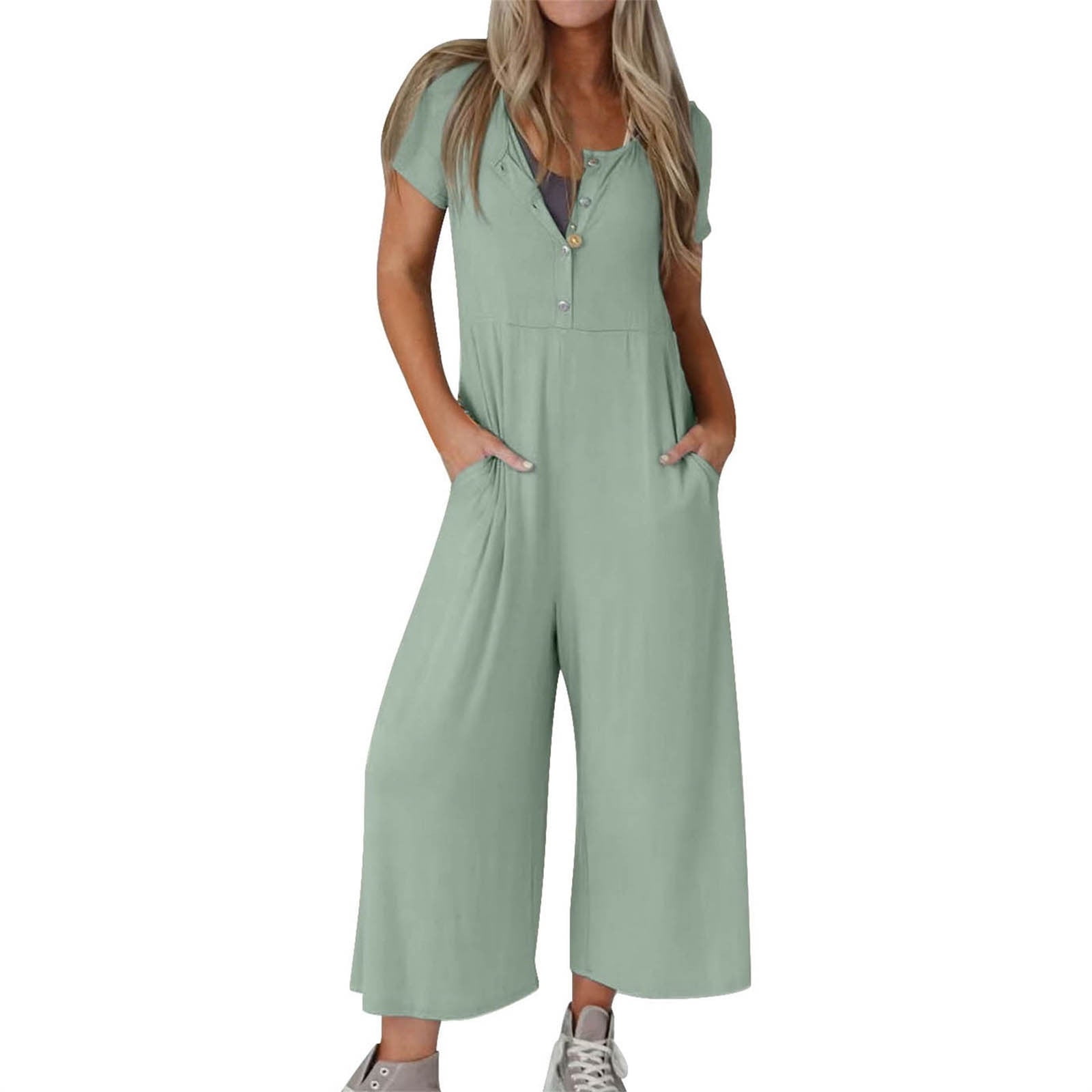 AKOEE Cotton Summer Wide Leg Jumpsuits Womens Short Sleeve Button Up Jumpers Ankle Long Romper Pant with Pockets M Green Walmart