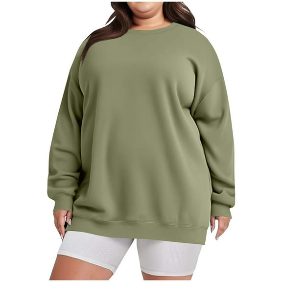 AKOEE Cotton Sweatshirt Womens Plus Size Sweater Top Crewneck Sweatshirts No Hood Casual Loose Plain Pullover L-5X (2XL, Army Green)