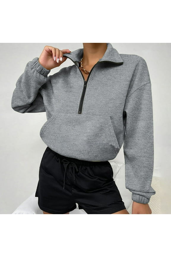 Cotton Sweatshirts Half Zip Pullover Tops for Women Casual Fall Winter Crop Sweater Sportswear with Pocket (M, Gray)