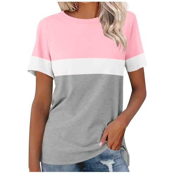 AKOEE Cotton T-Shirts Womens Color Block Crew Neck Tee Shirt Loose Fit Short Sleeve Summer Casual Tunic Tops (3XL, Pink)