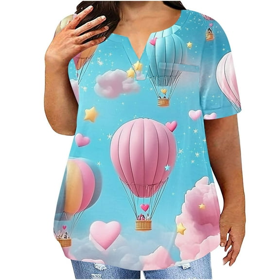 AKOEE Cotton T-shirts Plus Size Short Sleeve Tops Women Summer Casual Tshirts Striped V Neck Tees (XL, Sky Blue)