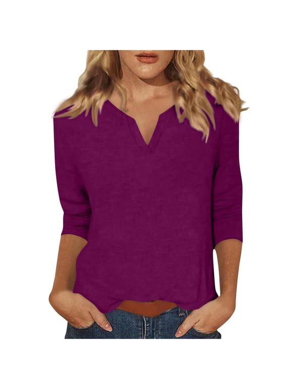 Cotton V Neck T-Shirts for Women Casual 3/4 Length Sleeve Trendy Tops Plain Soft Tshirts Tees, 2XL Purple