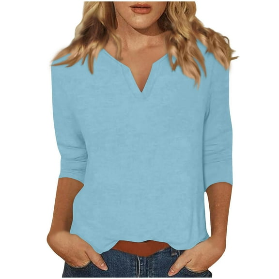 AKOEE Cotton V Neck T-Shirts for Women Casual 3/4 Length Sleeve Trendy Tops Plain Soft Tshirts Tees, L Light Blue