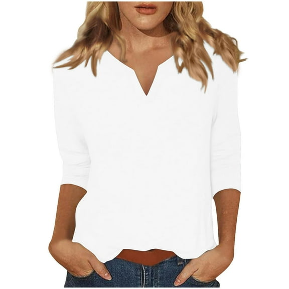 AKOEE Cotton V Neck T-Shirts for Women Casual 3/4 Length Sleeve Trendy Tops Plain Soft Tshirts Tees, L White