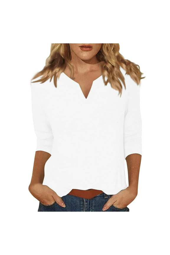 Cotton V Neck T-Shirts for Women Casual 3/4 Length Sleeve Trendy Tops Plain Soft Tshirts Tees, L White