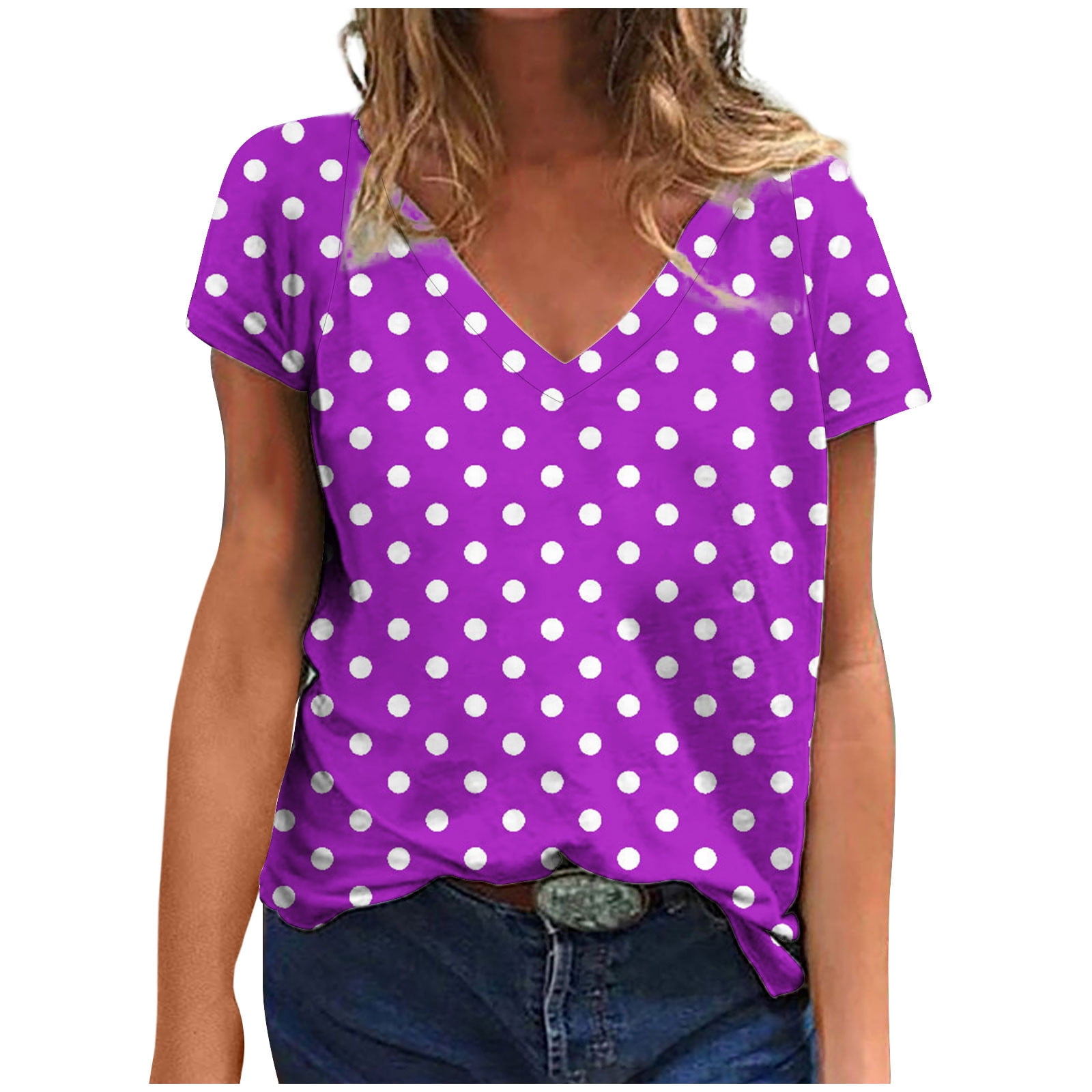 AKOEE Cotton Summer Tops Trendy Retro Polka Dots V Neck Tshirts