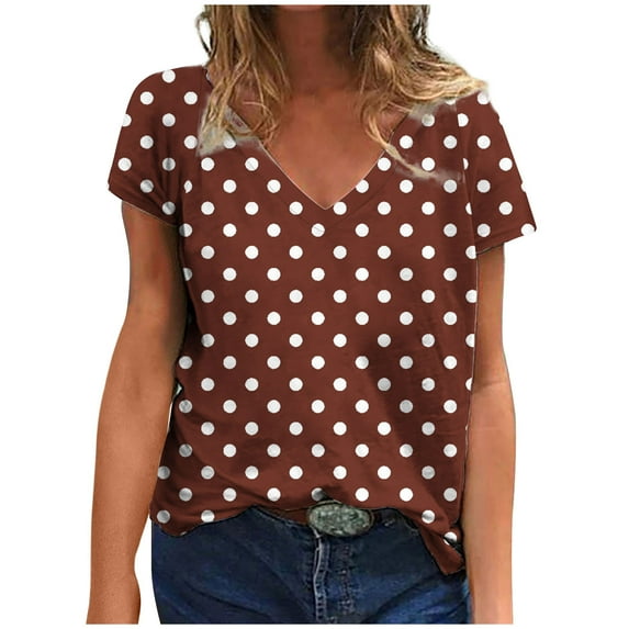 AKOEE Cotton Summer Tops Trendy Retro Polka Dots V Neck Tshirts Women Loose Fit Short Sleeve Casual T-shirts (L, Brown 01)