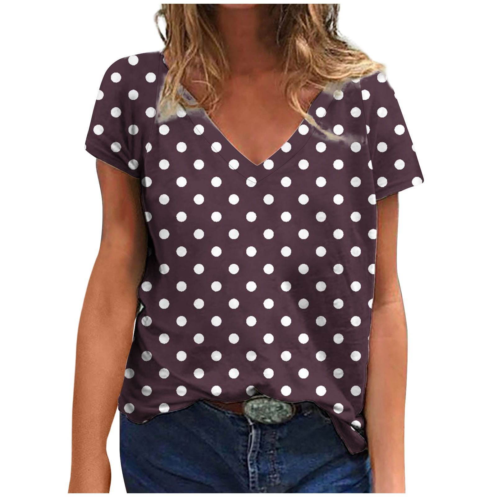 トップス Low classic HOLE POINT PRINT TOP AKOEE Cotton Summer Tops Trendy Retro Polka Dots V Neck Tshirts