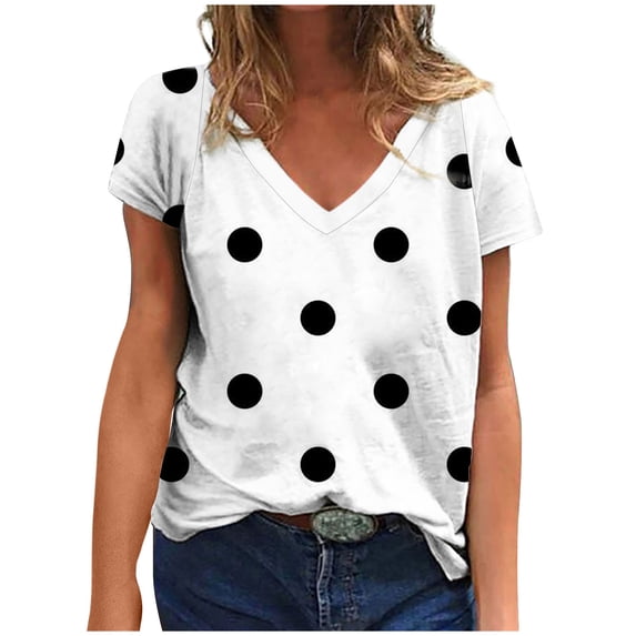 AKOEE Cotton V Neck T Shirts for Women Loose Fit Trendy Retro Polka Dots Print Short Sleeve Casual Summer Tops (S, White 01)