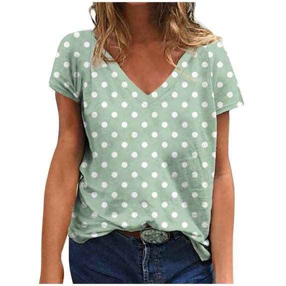 AKOEE Cotton V Neck T Shirts for Women Loose Fit Trendy Retro Polka Dots Print Short Sleeve Casual Summer Tops (XL, Mint Green 01)