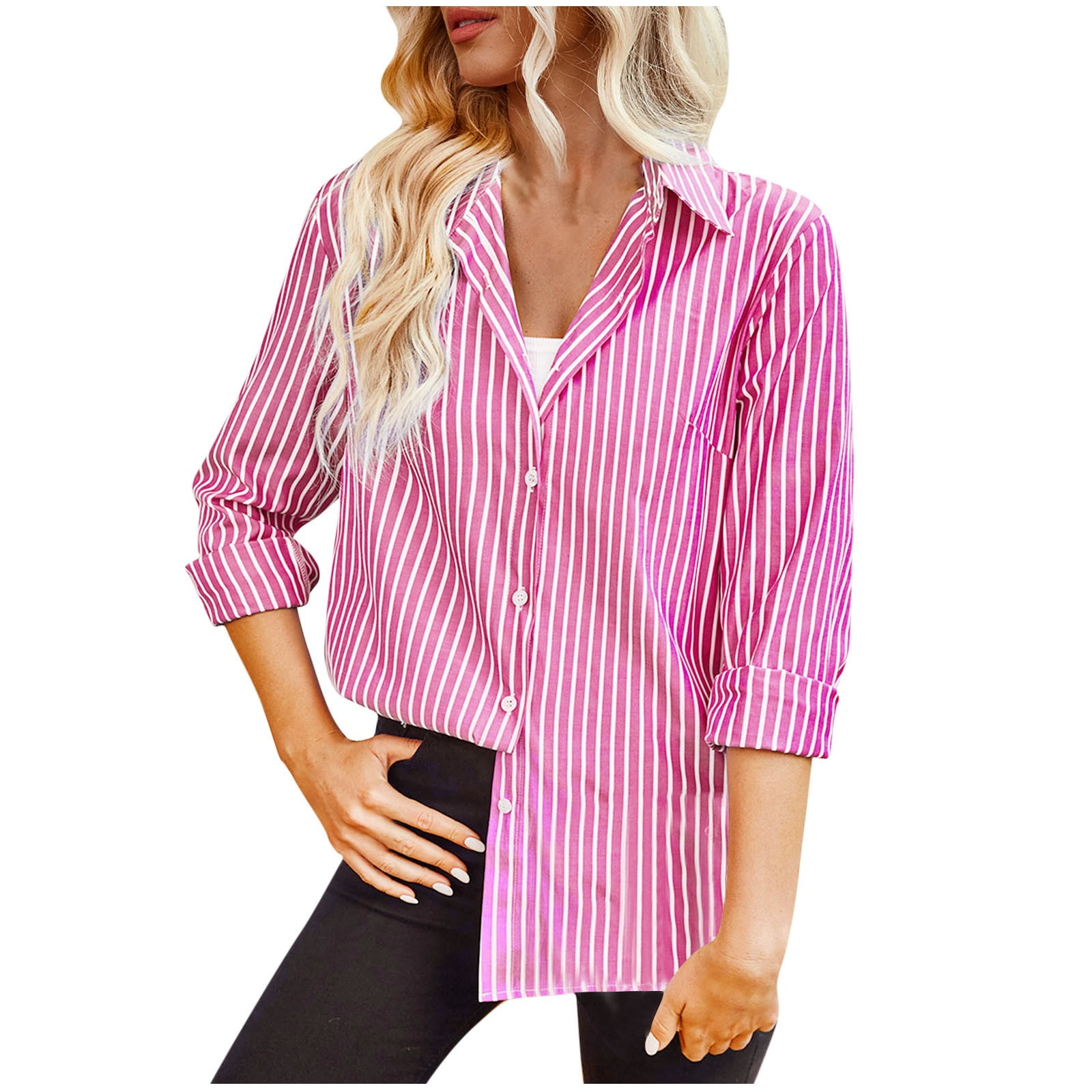 AKOEE Cotton Womens Button Down Shirts Classic Striped Dress