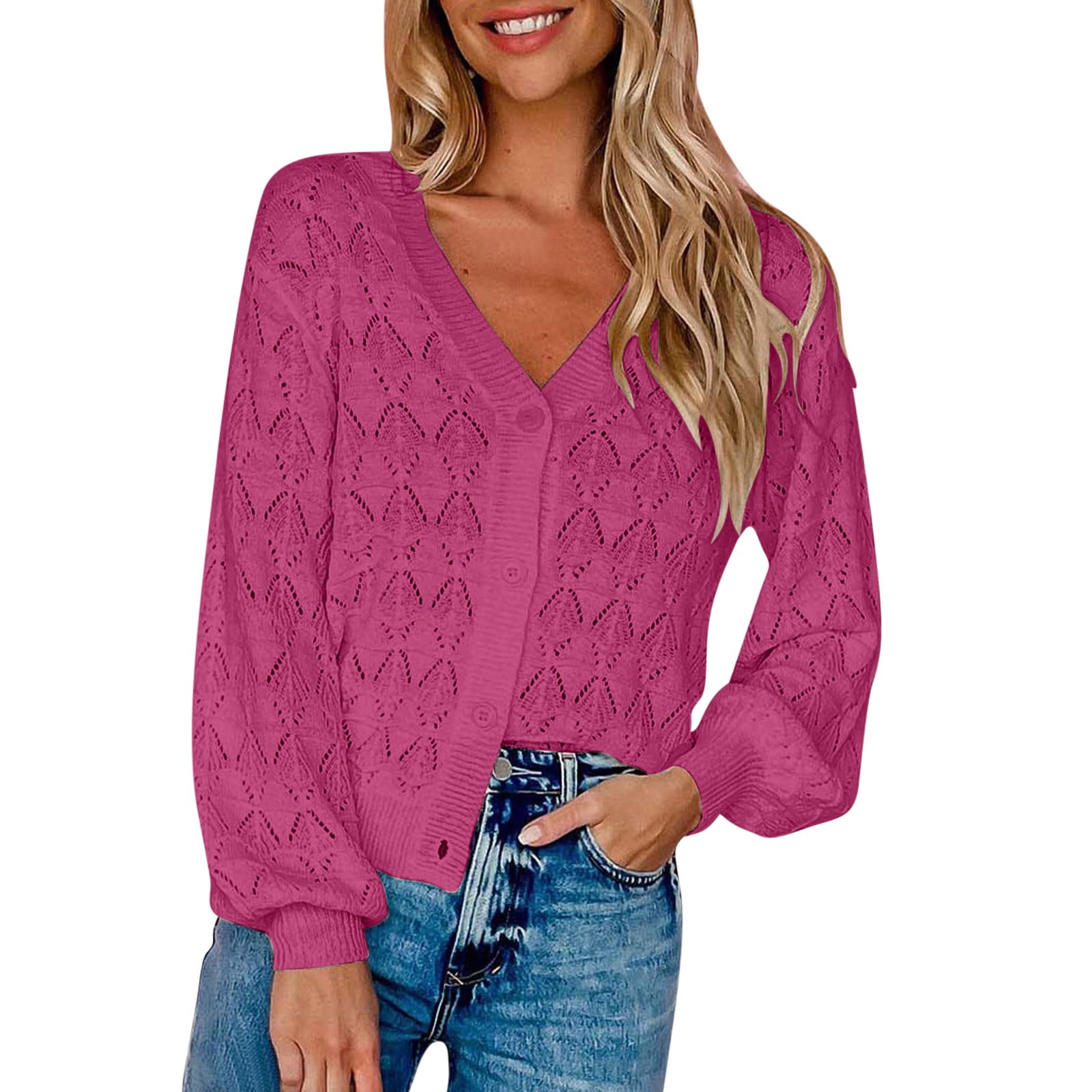 Light Pink Knit Gold Button-Down Cropped Cardigan Sweater