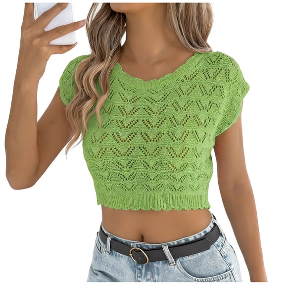 AKOEE Crochet Knit Tops Womens Casual Trendy Crop Tee Shirt Beach Travel Cover Up Cap Short Sleeve Blouse (L, Green)