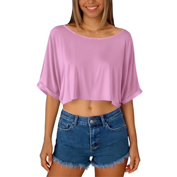AKOEE Crop Tops for Women Loose Casual Off Shoulder Wide Boatneck Short Sleeve Summer Cute Tee Shirts (S, Pink)