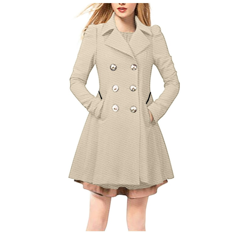 AKOEE Double Breasted Elegant Pea Coat Women Warm A Line Trench Coat Dress  Jacket Notch Lapel Winter Outwear S-3XL (Small, Beige)