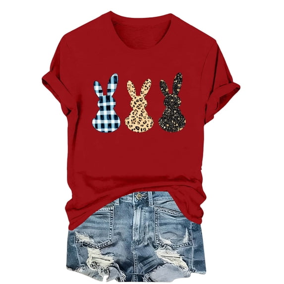 AKOEE Easter Outfits for Women Teen Girls Cute Floral Bunny Printed Short Sleeve Tops Graphic Basic Tee Shirt (3XL, Red 01)