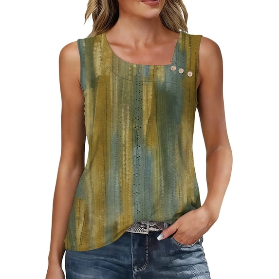 AKOEE Eyelet Tank Tops Womens Irregular V Neck with Buttons Striped Print Sleeveless Summer Casual Tee Shirt (2XL, Green)