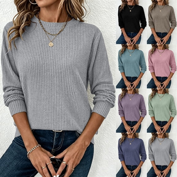 AKOEE Fall Tops for Women Trendy Soft Ribbed Knit Base Sweaters Lightweight Casual Crewneck Pullover Sweatshirt (XL, Gray)