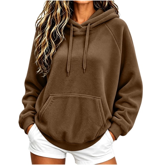 AKOEE Flannel Hoodies for Women with Kangaroo Pocket Baggy Sweater Tops Drawstring Fleece Hooded Sweatshirt (L, Brown)