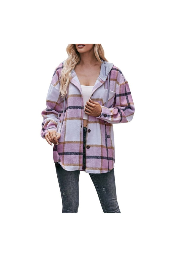Flannel Plaid Jackets for Women Hoodie Button Down Shirt Shackets Long Sleeve Fashion Hooded Fall Outerwear (XX-Large, Pink)