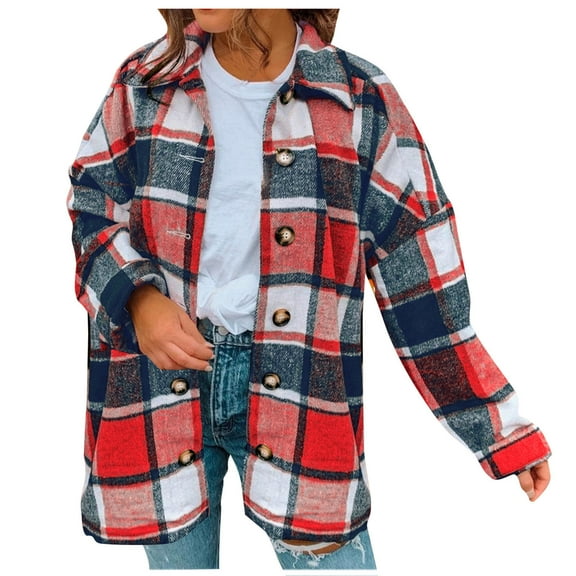 AKOEE Flannel Plaid Shirt Jackets for Women Spring Fall Casual Loose Long Sleeve Lapel Pockets Button Up Cardigan (M, Red)
