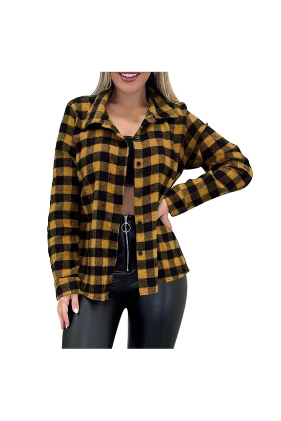 Flannel Plaid Shirts Fall Spring Clothes for Women Long Sleeve Casual Button Down Lapel Shirt Jacket Outerwear (M, Yellow)