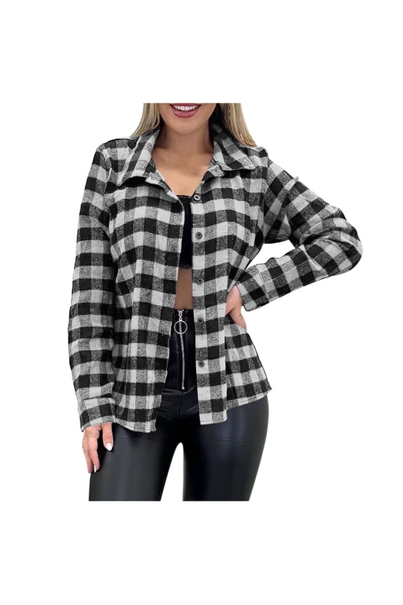 Flannel Plaid Shirts Fall Spring Clothes for Women Long Sleeve Casual Button Down Lapel Shirt Jacket Outerwear (S, Black)