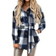 thumbnail image 1 of AKOEE Flannel Plaid Shirts for Women with Belt Lapel Button Down Long Sleeve Shacket Jackets Fashion Fall Clothes (S, Blue), 1 of 6