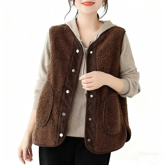 AKOEE Fleece Vest for Women Jackets with Pockets Faux Shearling Sleevleess Button Up Winter Coats Fuzzy Outerwear (L, Brown)