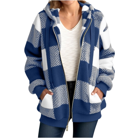 AKOEE Fluffy Winter Coats for Women with Hood Oversized Faux-fur Plaid Jacket Pocketed Long Sleeve Plush Outwear (2XL, Blue)