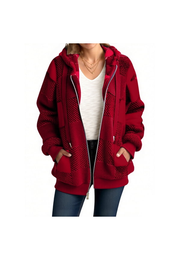 Fluffy Winter Coats for Women with Hood Oversized Faux-fur Plaid Jacket Pocketed Long Sleeve Plush Outwear (S, Red)