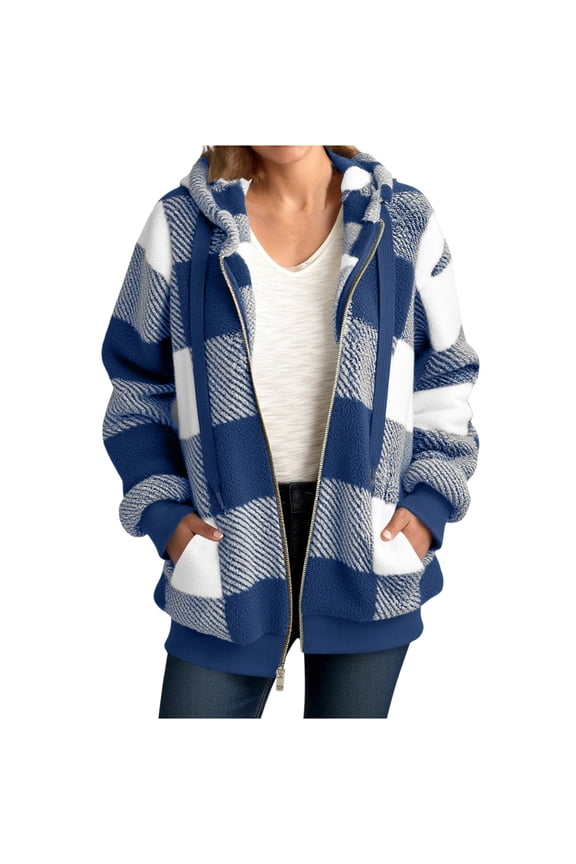 Fluffy Winter Coats for Women with Hood Oversized Faux-fur Plaid Jacket Pocketed Long Sleeve Plush Outwear (XL, Blue)