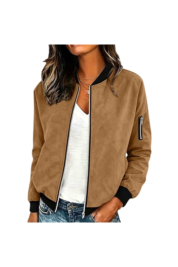 Full Zip Jackets for Women Outerwear Faux-Suede Ribbed Long Sleeve Fall Bomber Coat with Zipper Pockets (M, Brown)