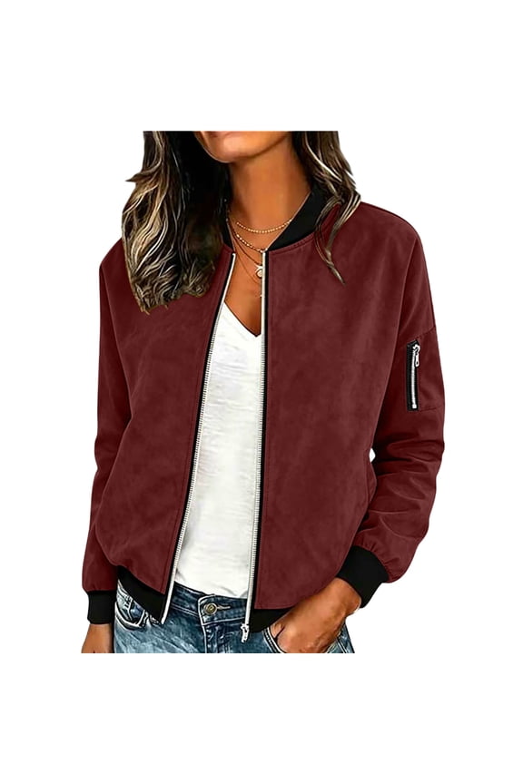Full Zip Jackets for Women Outerwear Faux-Suede Ribbed Long Sleeve Fall Bomber Coat with Zipper Pockets (M, Wine)