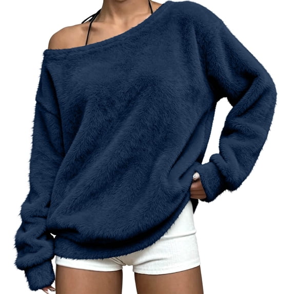 AKOEE Fuzzy Sweatshirts Off The Shoulder Pullover Long Sleeve Tops for Women Casual Loose Plush Sweaters (2XL, Navy)