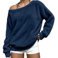 thumbnail image 1 of AKOEE Fuzzy Sweatshirts Off The Shoulder Pullover Long Sleeve Tops for Women Casual Loose Plush Sweaters (L, Navy), 1 of 8