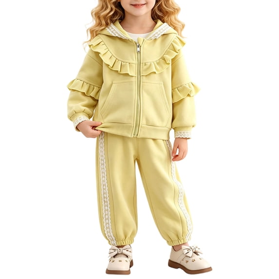 AKOEE Girls Clothes Sets 2 Piece Ruffled Lace Trim Long Sleeve Zip Hoodie Jacket and Jogger Pants Tracksuits (1-2 Years, Green)