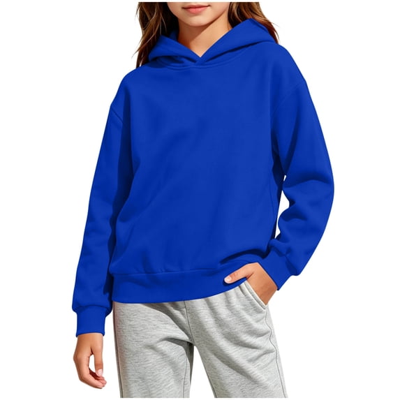 AKOEE Girls Hoodies Comfy Loose Plain Hooded Sweatshirts Kids Light Casual Long Sleeve Fall Winter Tops (11-12 Years, Blue)