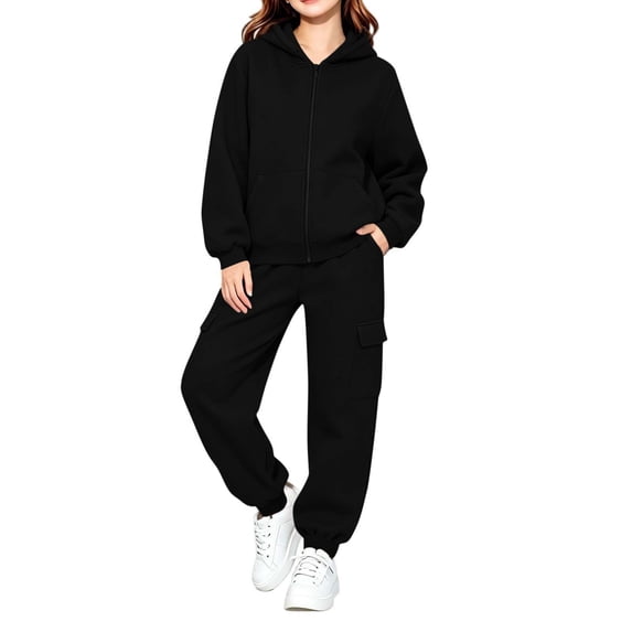 AKOEE Girls' Sweatsuits 2 Piece, Zip Up Hoodie and Cargo Jogger Pant with Pockets 2-14Y Kids Fall Casual Tracksuit Set