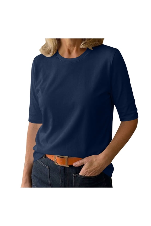 Half Sleeve T Shirts for Women Crewneck Summer Tops Casual Soft Base Tees Plain Tshirts Loose Fit (S, Navy)