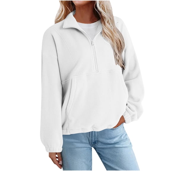 AKOEE Half Zip Fleece Sweaters for Women Long Sleeve Loose Plain Pullover with Pockets Casual Warm Winter Tops (S, White)