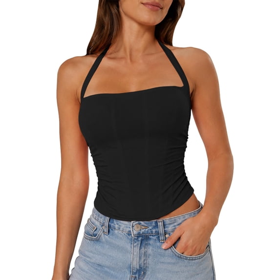 AKOEE Halter Corset Tops for Women Halloween Going Out Party Club Cropped Blouses Sleeveless Bustiers (XS, Black)