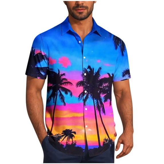 AKOEE Hawaiian Shirts for Men Short Sleeve Button Down Collared Blouses Lightweight Graphic Printed Tops (3XL, Blue #E)