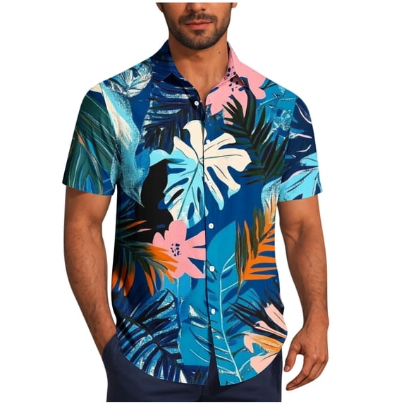 AKOEE Hawaiian Shirts for Men Short Sleeve Button Down Collared Blouses Lightweight Graphic Printed Tops (L, Blue)