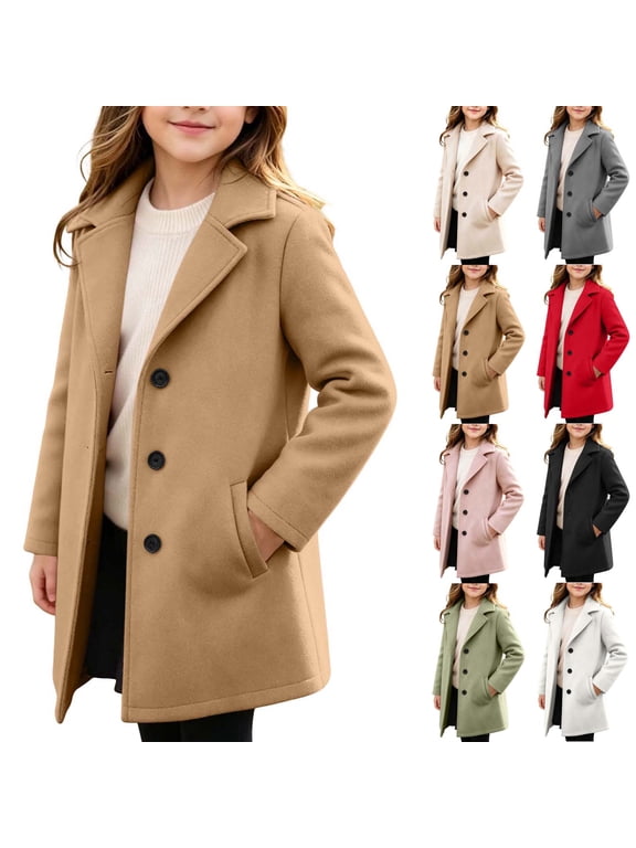 Kids Trench Coat Mid Length Wool Blend Single Breasted Notch Collar Pea Overcoat Outerwear Boys Girls (10-11 Years, Brown)