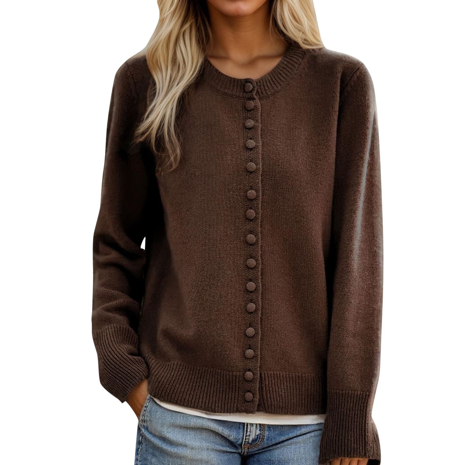 Knit Sweater Cardigans for Women Fall Casual Button Up Jacket Crew Neck Solid Color Long Sleeve Knitwear (L, Coffee)