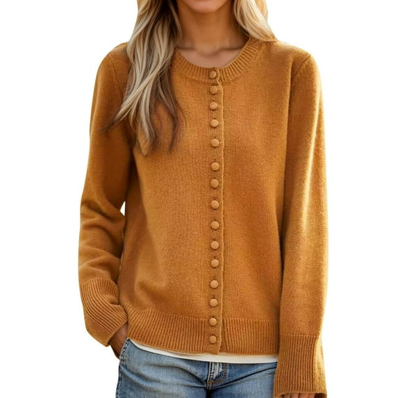 AKOEE Knit Sweater Cardigans for Women Fall Casual Button Up Jacket Crew Neck Solid Color Long Sleeve Knitwear (M, Yellow)