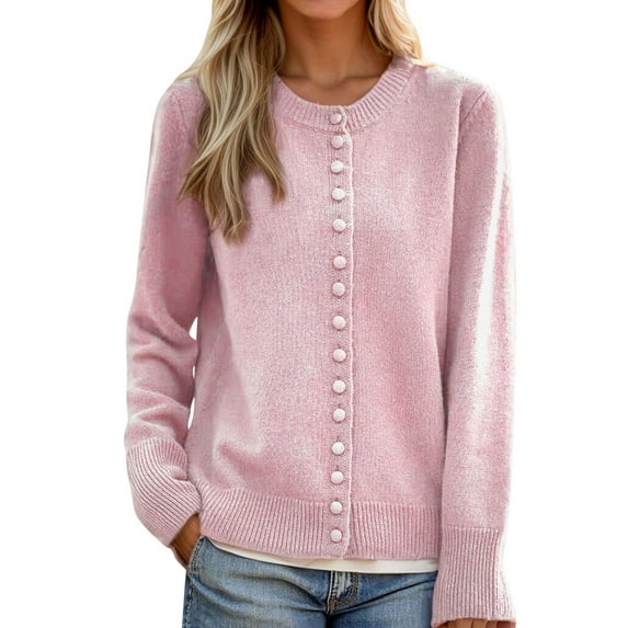 AKOEE Knit Sweater Cardigans for Women Fall Casual Button Up Jacket Crew Neck Solid Color Long Sleeve Knitwear (S, Pink)