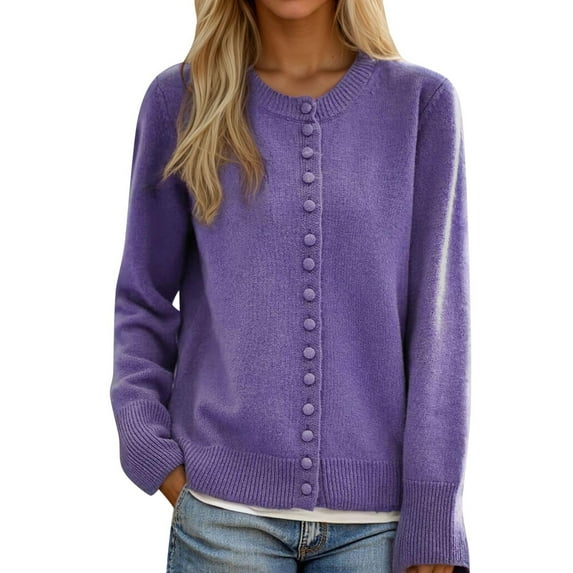 AKOEE Knit Sweater Cardigans for Women Fall Casual Button Up Jacket Crew Neck Solid Color Long Sleeve Knitwear (XL, Purple)