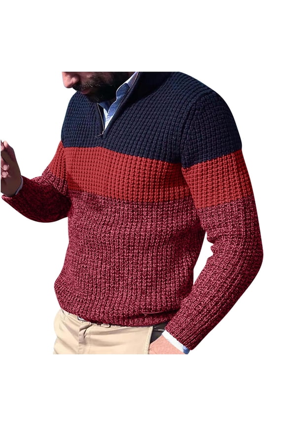 Knit Sweaters Men 1/4 Zip Pullover Fashion Color Block Tops Long Sleeve Mock Neck Quarter Zipper Sweater (XL, Pink)